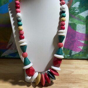 Vintage Chunky Colorful Dyed Wood Statement Necklace 22” L